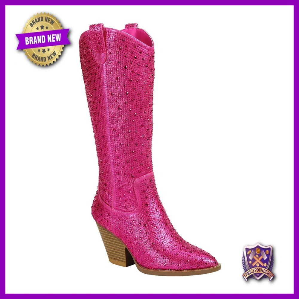 Rhinestone Embellished Knee High Western Boots Pointed Toe Cowgirl Chic